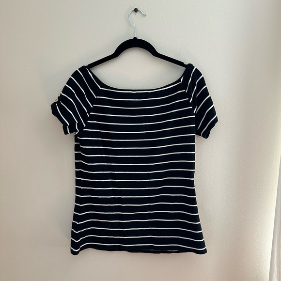WHBM Black and White Striped Square Neck T with Buttons - Picture 1 of 6